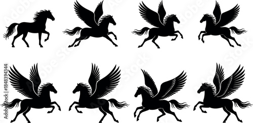 Pegasus horse silhouette vector set featuring flying winged horses in dynamic poses, mythological fantasy animal illustration isolated