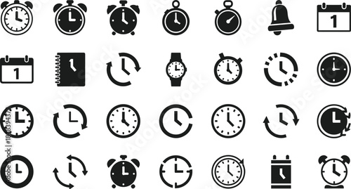 Black time icon set featuring alarm clocks stopwatches wristwatches calendars and wall clocks for productivity scheduling and deadline management design.