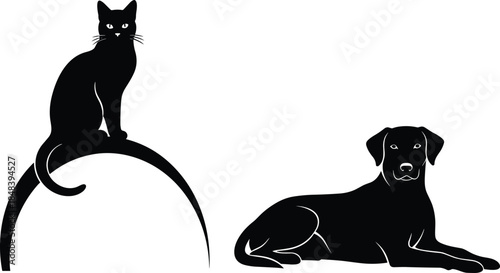 Black vector silhouette collection featuring a sitting cat on a curved line and a calm Labrador dog lying down, pet friendship.