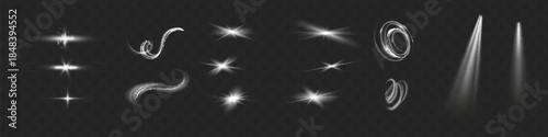 Light effect set. Glow isolated white transparent light effect set, lens flare, explosion, glitter, dust, line, sun flash, spark and stars, spotlight, curve twirl. Sunlight, abstract special effect.