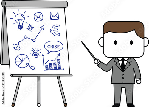 Cartoon businessman presenting financial crisis strategy on flipchart with charts and icons, professional corporate office training illustration, business management concept.