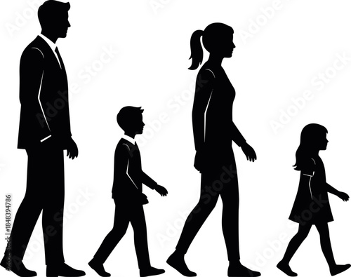 Silhouettes of family walking in line, generational progression and unity concept illustration – flavector