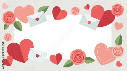 Romantic Valentine's Day frame with hearts, roses, and love letters