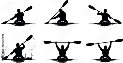 Silhouettes of kayaker in motion, paddling, splashing water, celebration pose, dynamic water sports scene - flavector