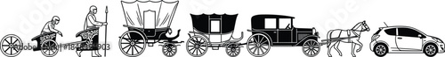 Evolution of transportation vector silhouette collection featuring ancient chariot, horse carriage, stagecoach, vintage classic car, and modern hatchback automotive icons.