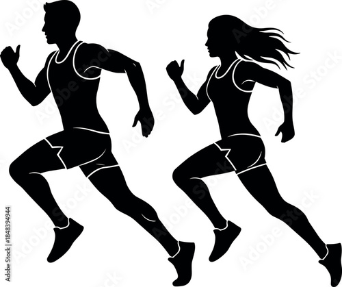 Silhouettes of man and woman running in athletic wear, fitness and motion concept – flavector