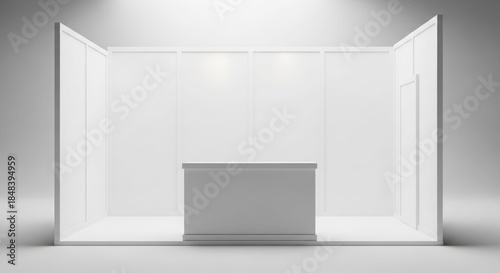Wallpaper Mural Empty white exhibition booth with a central counter, ready for a trade show or event display. Torontodigital.ca