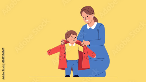 Mother helps young child put on a red coat in a warm family moment