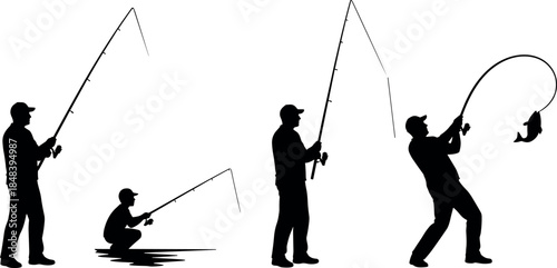 Silhouettes of people fishing in various poses, dynamic catch and outdoor activity concept – flavector
