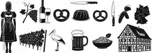 German culture vector collection featuring traditional dirndl, beer mug, pretzels, wine, vineyard, stork, half-timbered house, and Germany map silhouette icons.