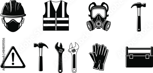Industrial construction safety equipment icon set featuring hard hat vest gas mask hammer wrench gloves toolbox and warning sign symbols.