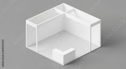 A minimalist isometric 3D rendering of an empty white room with internal partitions and a small L-shaped structure on a grey background.
