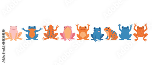 A line of colorful cartoon frogs including pink blue and orange varieties with some showing patterned markings and diverse postures animal illustration amphibian cute character