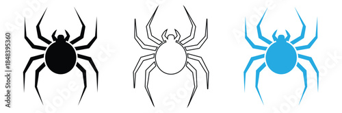 Spider silhouettes in black, white, and blue on white background,Spider silhouette. Halloween scary spider decoration. Arachnid, widow, tarantula spider logo icon.Spider icons set. 