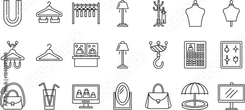 Minimalist thin line icon set for retail and lifestyle, including clothes hangers, lamps, handbags, mirrors, and home decor vector elements.