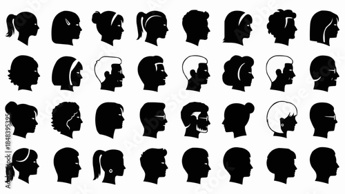 Collection of Diverse Human Head Silhouettes in Profile View.