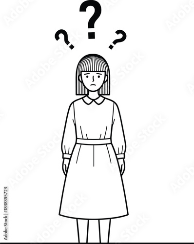 Simple black and white line art illustration of a sad confused girl with question marks over her head, feeling lost.