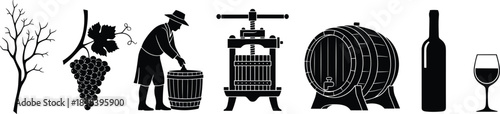 Traditional winemaking process vector collection featuring silhouettes of grapes, a winemaker, fruit press, wooden barrel, wine bottle, and elegant glass.