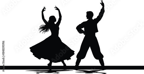 Traditional folk dance vector silhouette collection featuring a man and woman performing ethnic ballroom choreography in classic costumes, cultural performance.