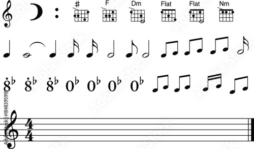 Vector music notation collection featuring treble clef, staff, quarter notes, eighth notes, guitar chord diagrams, flats, sharps, and musical theory symbols.