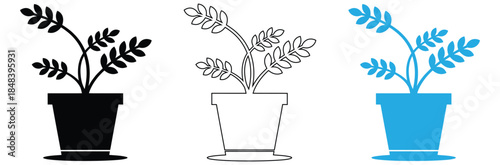 Three potted plants in black, line, and blue color schemes,Potted plant growth. Simple icon of a potted plant, symbolizing growth, progress, and new beginnings.
