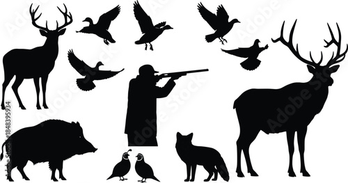 Vector silhouette collection of hunting wildlife featuring deer, elk, wild boar, fox, ducks, quail, and a hunter with a shotgun.