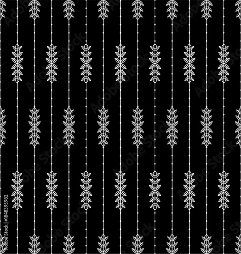 Seamless decorative pattern with golden leaves and thin horizontal lines on a black background, ideal for textiles, wallpaper, wrapping paper, branding, and elegant surface design.