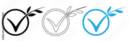 Check mark icons with leaves in circle for eco friendly approval,A minimalist green leaf icon with a check mark, symbolizing organic products,Eco-friendly agriculture,and environmental sustainability