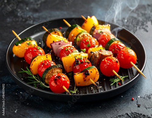 Grilled skewers with vibrant vegetables and meat on a textured black plate