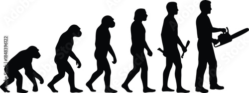 Human evolution silhouette sequence with tools, ape to modern worker using chainsaw, technological progress, industry, development, history, lifestyle concept