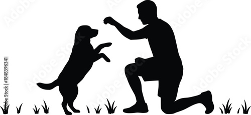 Man rewarding dog during training silhouette, pet obedience lesson, trust and bonding, animal care, companionship, positive reinforcement concept