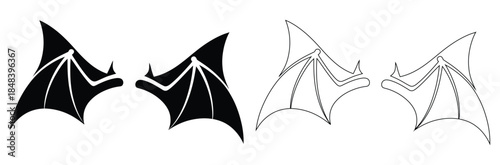 Bat wings in black and white on white background.Bat wings silhouette vector flat illustration design.bat wing icon vector outline symbol or illustration