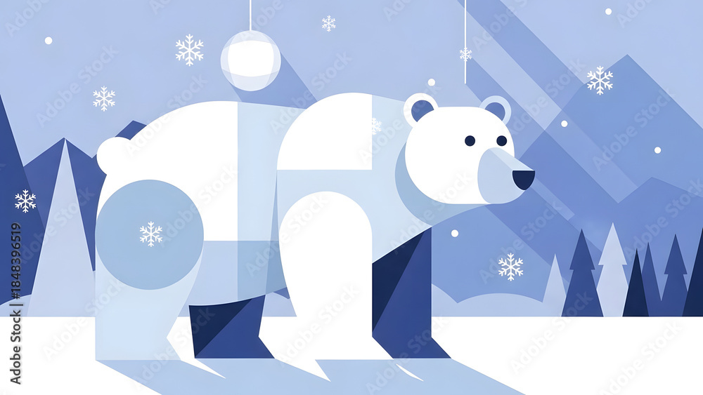 Naklejka premium Stylized white bear in snowy mountain scene
