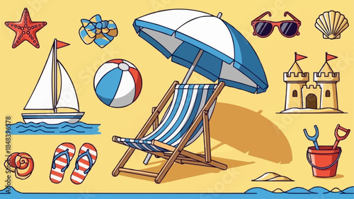Beach Vacation Essentials Collection With Sandcastle And Beach Chair.