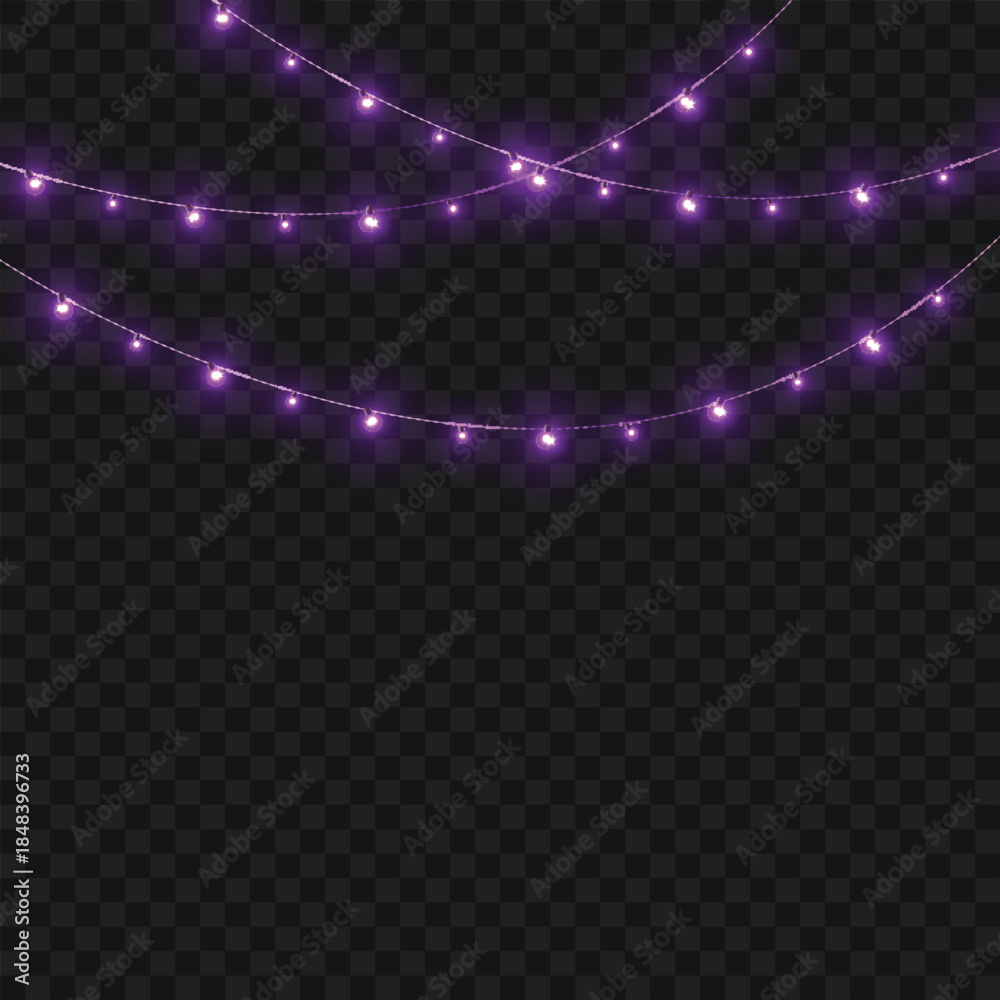 Fototapeta premium Christmas Purple Glowing String Lights Garland Border on Transparent Background. Vector