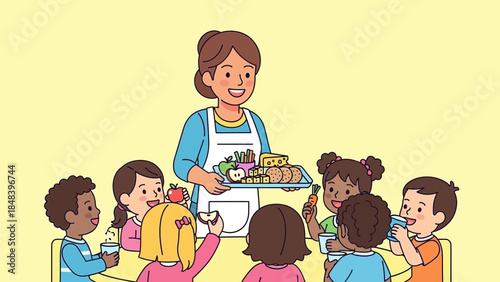 Smiling teacher serving lunch tray of healthy food to happy children at school tables