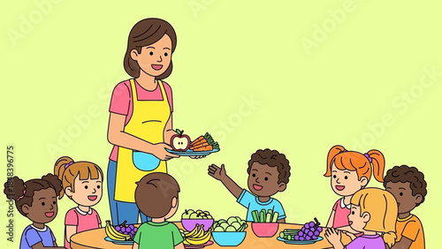 A friendly teacher serving healthy food to smiling children at lunchtime in a bright classroom setting
