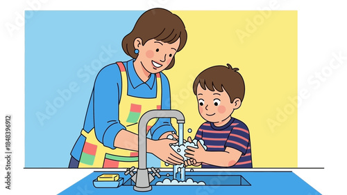 Mother teaching young boy how to wash hands with soap and water at a sink