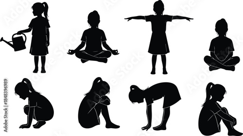 Child silhouette poses set, kids activities yoga meditation stretching sitting standing gardening black vector illustration collection isolated white background design