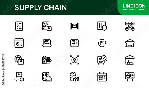 Supply Chain Line Icon Set – Professional Minimal Vector Icons for Logistics, Shipping, and Inventory Management
