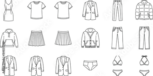 Fashion clothing outline icon set collection, men women apparel garments, minimal black line vector illustrations for design catalog