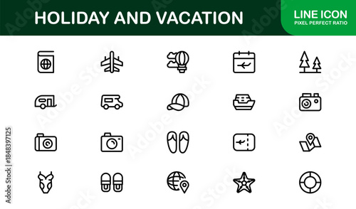 Holiday Vacation Line Icon Set – Modern Minimal Outline Icons for Travel, Beach, Summer, and Relaxation Themes