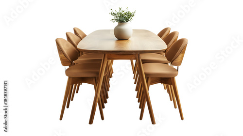 Modern Wooden Dining Table with Eight Matching Chairs and a Centerpiece Vase on Transparent Background