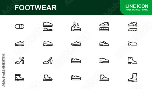 Footwear line icon set with modern details. Footwear Professional Line Icon Set – Modern, Minimal, and Stylish Outline Vector Icons Featuring Shoes, Sneakers, Heels, Boots, and More