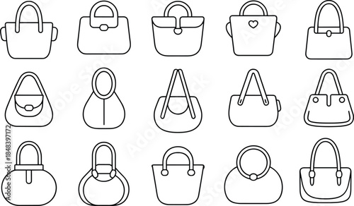 Minimal handbag line icons set, women purse outline collection, fashion bag vector illustration, simple black white accessory symbols design elements isolated