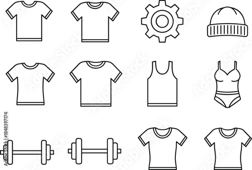 Fitness clothing line icons set, t shirt sportswear underwear dumbbell beanie gear outline vector illustration for gym apparel design elements
