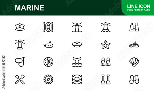 Marine Life Professional Line Icon Set Featuring Modern Minimal Vector Designs for Nautical, Ocean, and Sea Themed Projects