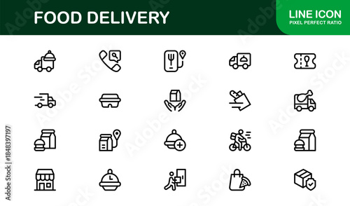 Food Delivery Line Icon Set – Professional Minimal Outline Icons for Apps, Websites, and Digital Services, Modern Vector Graphics Pack