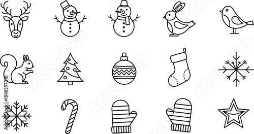 Winter and Christmas outline icons set, festive holiday symbols collection including snowflakes, animals, decorations minimal vector illustration design