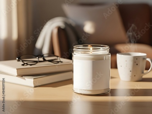 A tranquil home comfort scene with a glowing scented candle, a steaming beverage, and a good book, bathed in soft morning sunlight for relaxation and peace